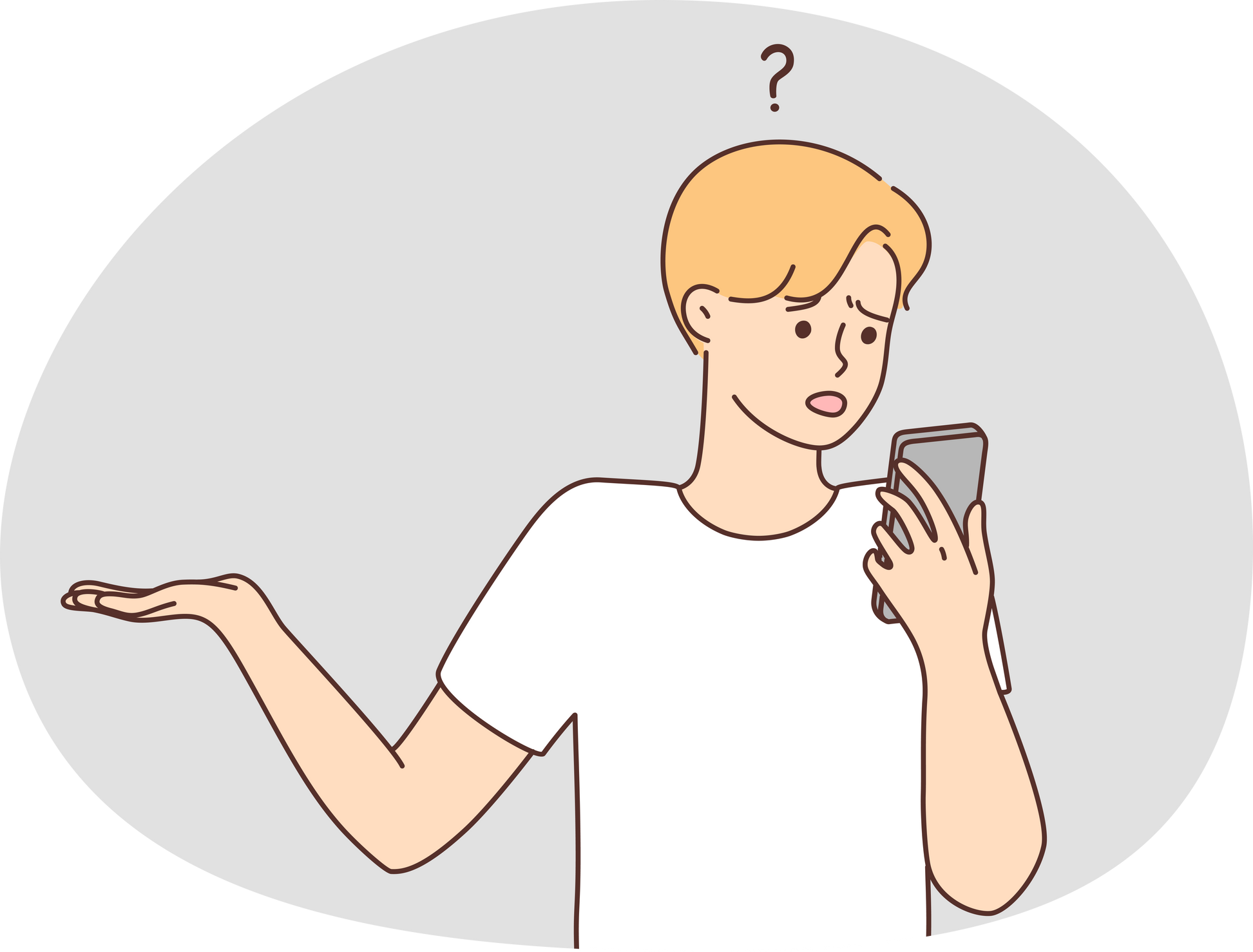 Confused man look at cellphone frustrated by problem